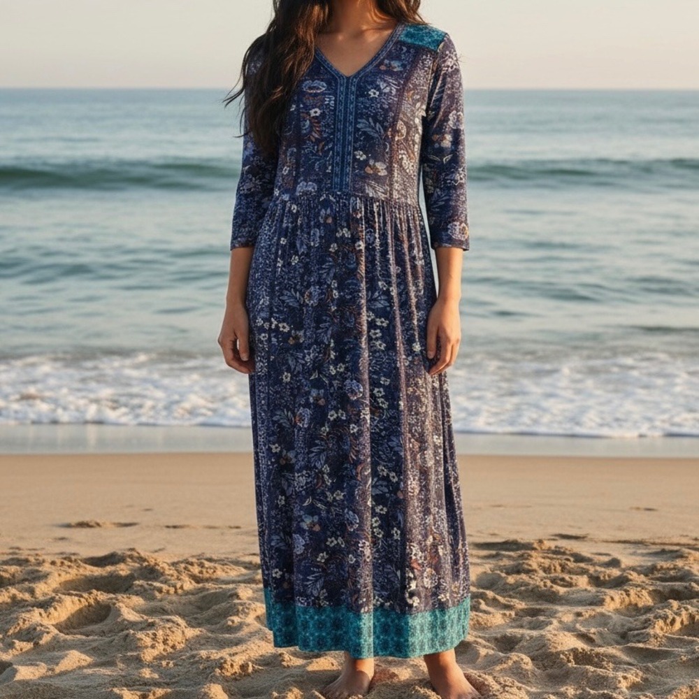 Coldwater Creek Navy Blue Floral Maxi Dress V-Neck Long Sleeve Womens M Boho